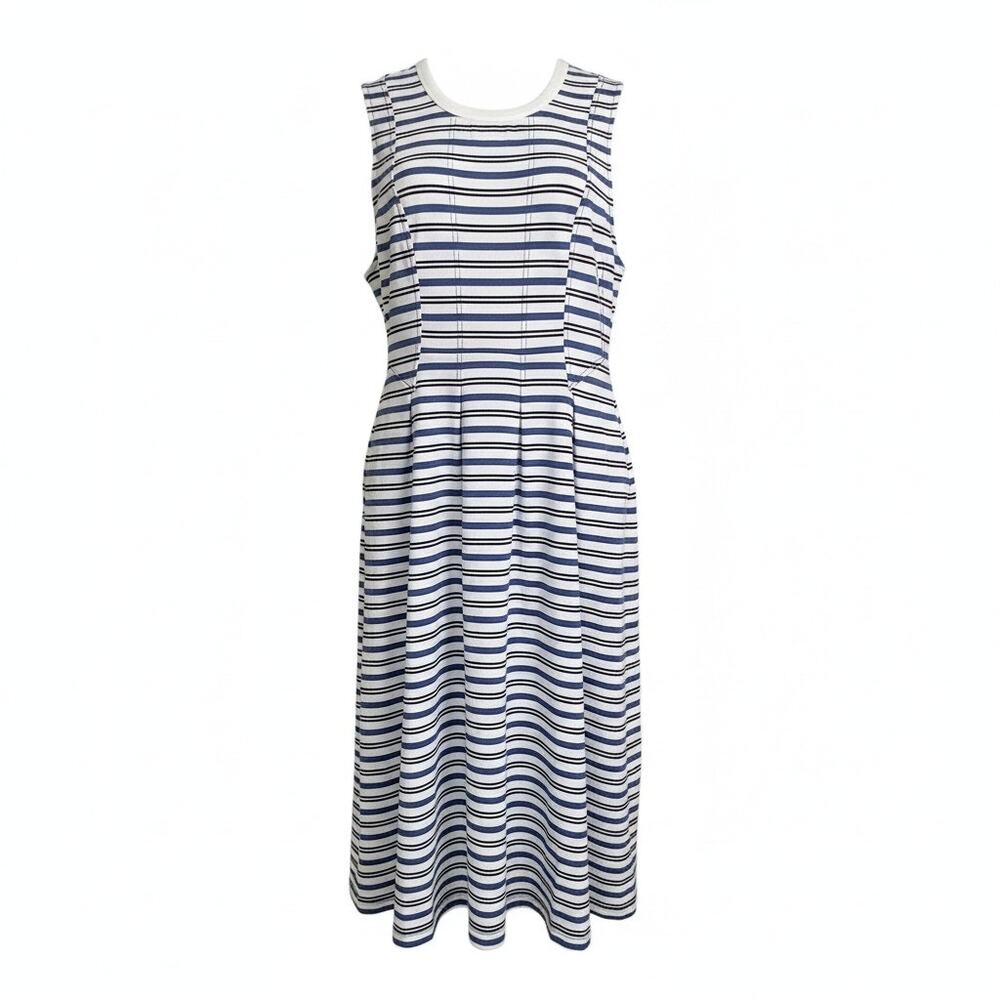 Anthropologie Women's Size L Cotton Striped Dress Sleeveless A-Line Midi Pleats